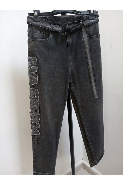 AKŞEN GİYİM Plus Size High Waist Loose Lycra Side Writing Detail Buckled Black Jeans Pants with Belt