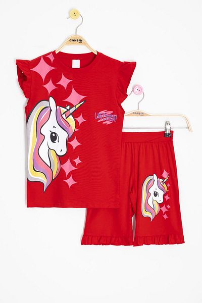 Cansın Mini Red Unicorn Printed Girl's Shorts 2 Piece Set 20615