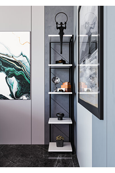 alpaevmobilya 5 Raflı Metal Köşe Kitaplık Dekoratif Aksesuar Rafı Çiçeklik Salon Dekoratif Çok Amaçlı Raf