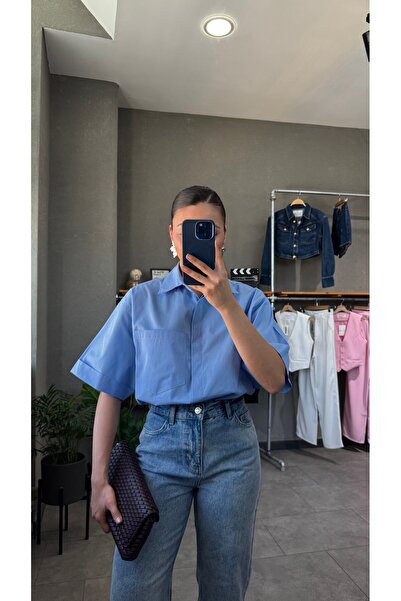 YOUR NAME Оверсайз-сорочка з кишенями з попліну з короткими рукавами для жінок