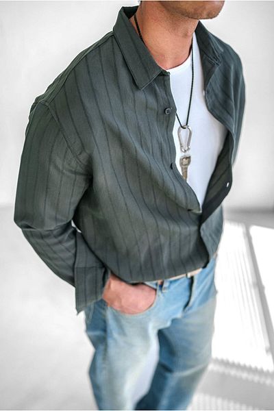 ablukaonline Ανδρικό Premium ριγέ βαμβακερό πουκάμισο Oversize Χακί Πράσινο