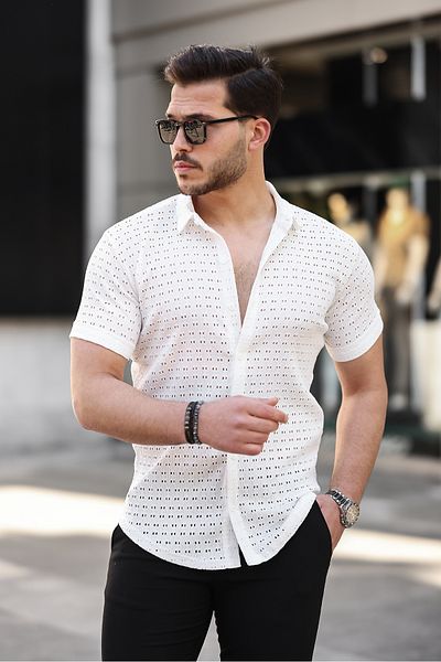ZİNOX Men's Short Sleeve Perforated Pattern Knitted Fabric Regular Fit New Season Shirt