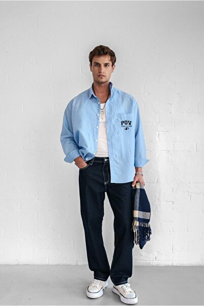 ablukaonline Μακρυμάνικο Μπλε Πουκάμισο Υπερμεγέθη Ανδρικό Κέντημα Κέντημα