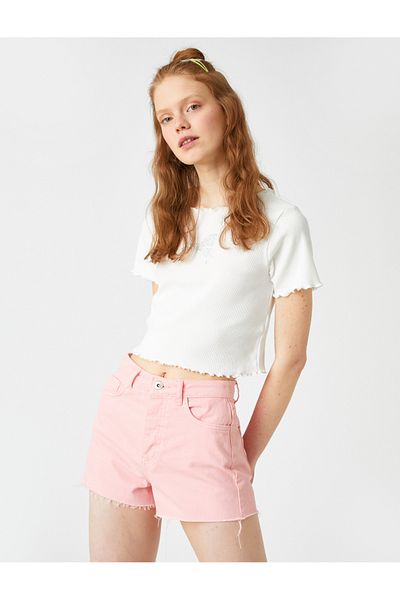 Koton Butterfly Sequin Detailed Short Sleeve Crew Neck Ribbed T-Shirt