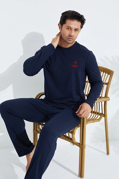 Huq Moda Ανδρικό Σετ Πιτζάμες Εποχιακής Πιτζάμες Μακρυμάνικο Χτενισμένο Βαμβακερό Ύφασμα Anchor Navy Blue