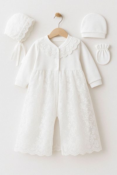 Minytrendy Newborn Baby Girl 4 Piece Mevlüt Set with English Hat and Tulle Skirt Newborn Jumpsuit Hospital Release