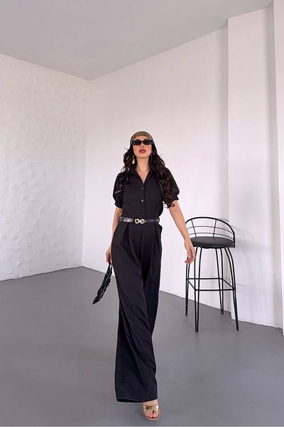 Neşeli Butik Women Shirt Collar Belt Wide Leg Jumpsuit Nbk4197