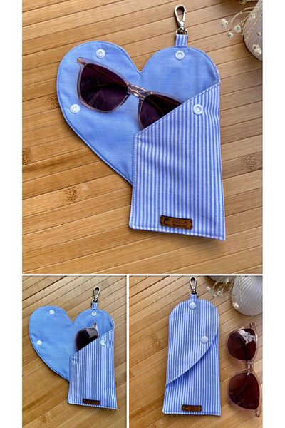 İsella Blue and White Line Heart Eyewear Case