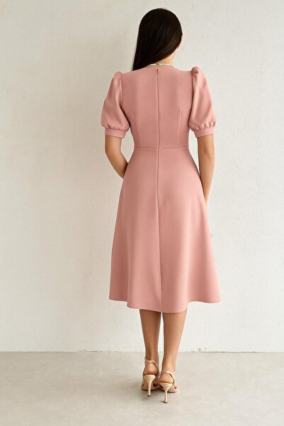 Deafox Φόρεμα με μπαλόνι σε πούδρα με λεπτομέρεια με κουμπί μπροστά από κρεπ ύφασμα μίντι μήκους