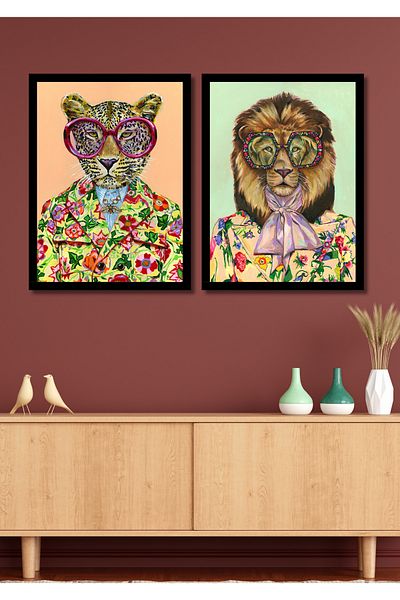 NT Handmade Set de pictură de decor de perete modern cu leu și tigru din 2 piese pentru sufragerie, dormitor, bucătărie