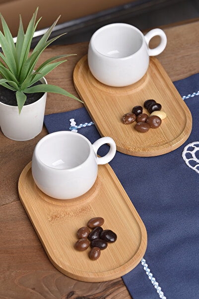 HızlıTrend طقم فناجين مع طبق تقديم من الخيزران مكون من 2 فناجين قهوة توك