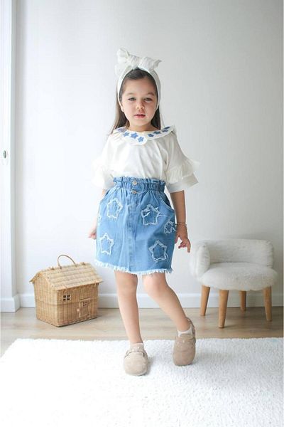 tunays shopping Denim Skirt Suit Star Embroidered Girl