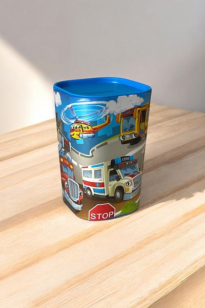 Dore Voir Blue Trolley Hard Plastic Piggy Bank / Piggy Bank with Openable Lid - Height 11.5 cm