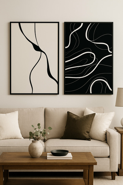 volo dekor Volo Tablo Doğal Ahşap Çerçeveli Soyut Sanat Tablo Seti Ev & Ofis ...