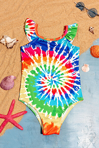 Beniizle Costum de baie pentru fete cu model Tie Dye, cu detaliu cu volane pe...