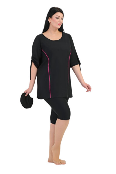 Emayo Büyük Beden Yarı Kapalı Siyah Pembe Çizgi Detaylı Mayo Paleys Mayo