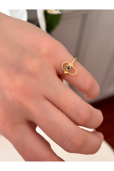 emy by emel luxury silver jewelry Altın Kaplama Ayarlanabilir Lacivet Taşlı Hamsa Yüzük 925 Ayar Gümüş