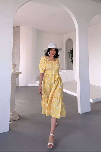 Neşeli Butik Women's Belted Square Neck Floral Midi Length Dress Nbks4104