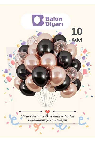 BALON DİYARI 10Pcs Black with Clear Confetti, Chrome Rose Gold Balloon Qualit...