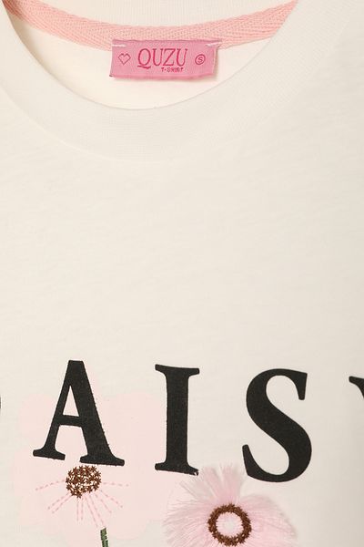 Quzu Large Size Tassel Floral Text Printed T-Shirt Ecru