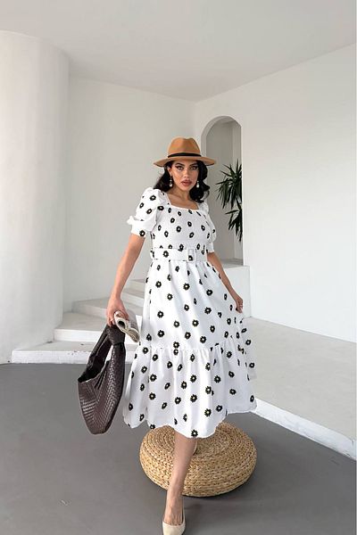 Neşeli Butik Women's Belted Square Neck Floral Midi Length Dress Nbks4104