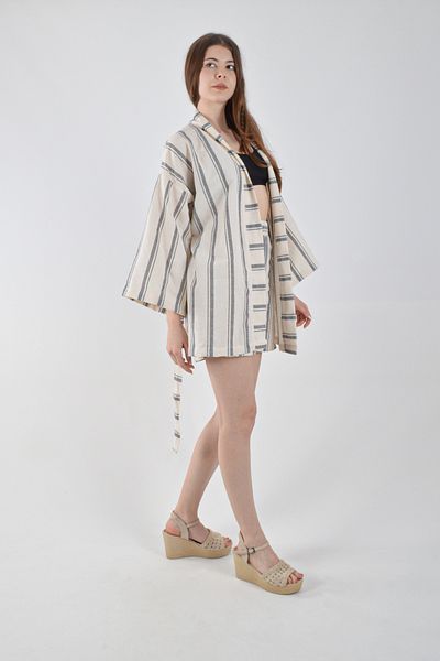 REİNA TEKS Kalin Black Striped Suit Kimono Shorts and Bottom-Top Suit Beach/Daily Wear
