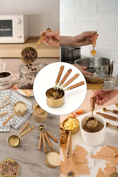 Jenisa Gold Stainless Steel Measuring Spoon 250 ml Premium Quality Measuring Spoon with Wooden Handle