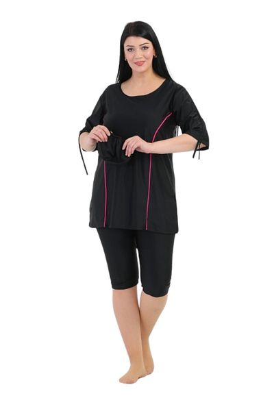 Emayo Plus Size Half Closed Black Pink Stripe Detailed Swimsuit Paleys Swimsuit