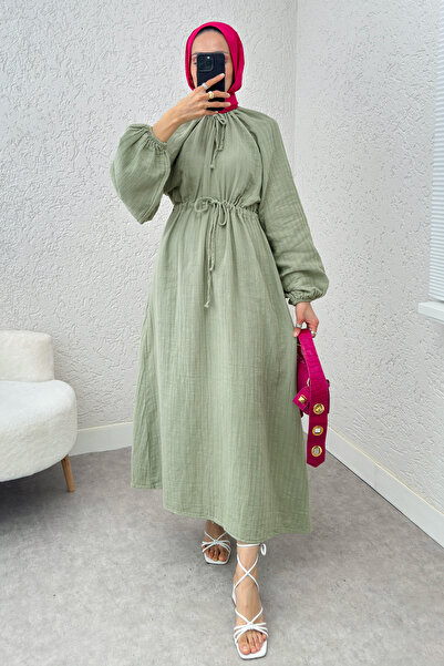 Salih Çelebi Yaka Büzgü Detaylı Elbise 2238 - MİNT YEŞİLİ