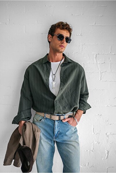 ablukaonline Ανδρικό Premium ριγέ βαμβακερό πουκάμισο Oversize Χακί Πράσινο