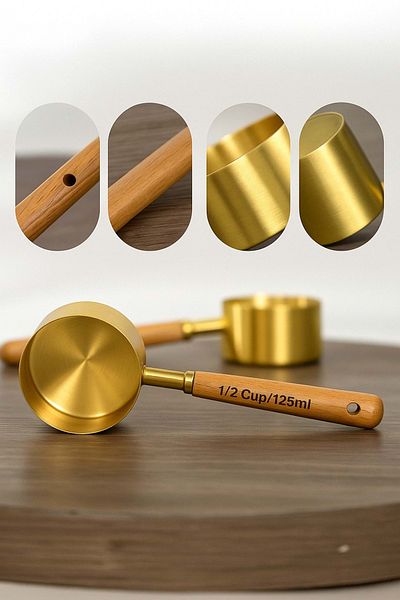 Jenisa Gold Stainless Steel Measuring Spoon 125 ml Premium Quality Measuring Spoon with Wooden Handle