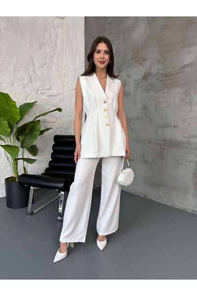 Elif Özbey Butik Set de pantaloni cu vestă plisată în față albă