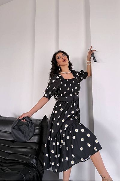 Neşeli Butik Women's Belted Square Neck Floral Midi Length Dress Nbks4104
