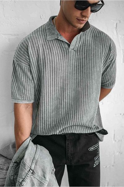 ablukaonline Ανδρικό πλεκτό με γιακά Polo Regular Fit - Γκρι μπλουζάκι