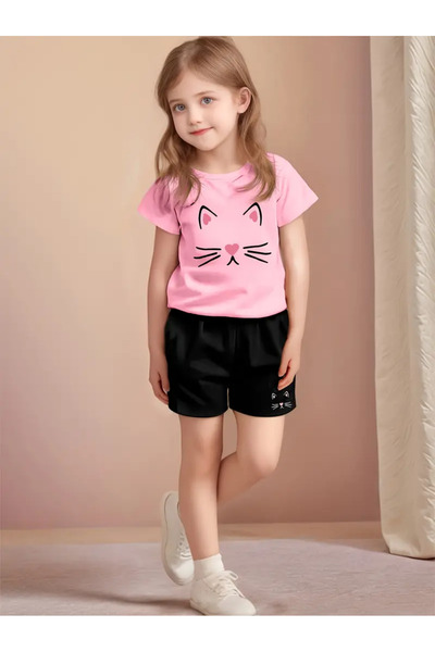 MORNİNG KİDS Girl's Pink-Black Whiskered Cat Printed Shorts T-Shirt Set