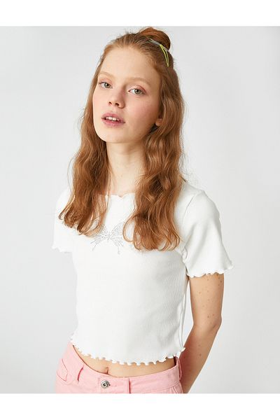 Koton Butterfly Sequin Detailed Short Sleeve Crew Neck Ribbed T-Shirt