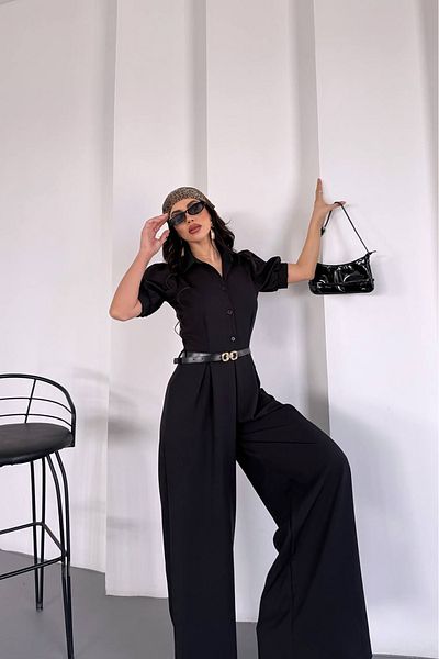 Neşeli Butik Women Shirt Collar Belt Wide Leg Jumpsuit Nbk4197