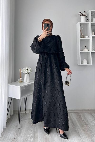 Neşeli Butik Φόρεμα με μαύρο σχέδιο - Φόρεμα Hijab με ασημί υποστήριξη για μαύρο μοτίβο κοσμήματα (NMS054)