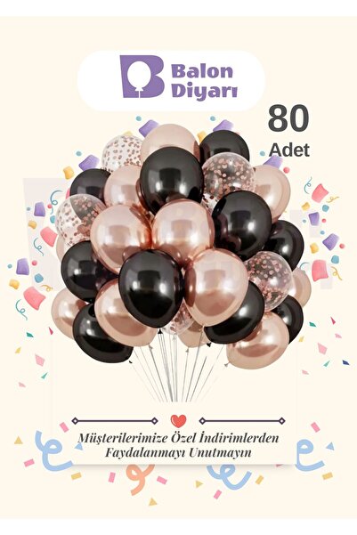BALON DİYARI مجموعة بالونات عالية الجودة من الكروم الوردي والذهبي مع 80 قطعة من الكونفيتات السوداء الشفافة