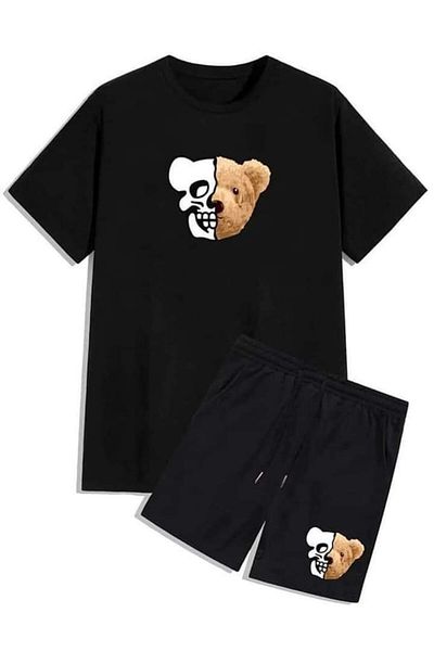 JANSO GROUP -Men's Printed Boys Bear Short Sleeve Tshirt-Shorts Set 2Pcs Large Size Oversized