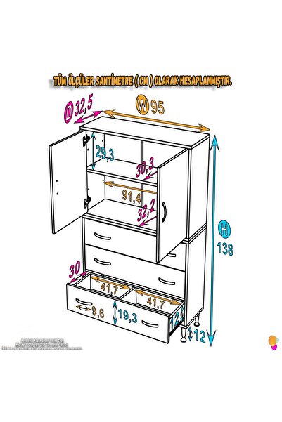 Modilayn Esil 95 x 138 x 32,5 cm' lik Kapak İçi Çift Raflı ve 3 Çekmeceli Çok Amaçlı Dolap