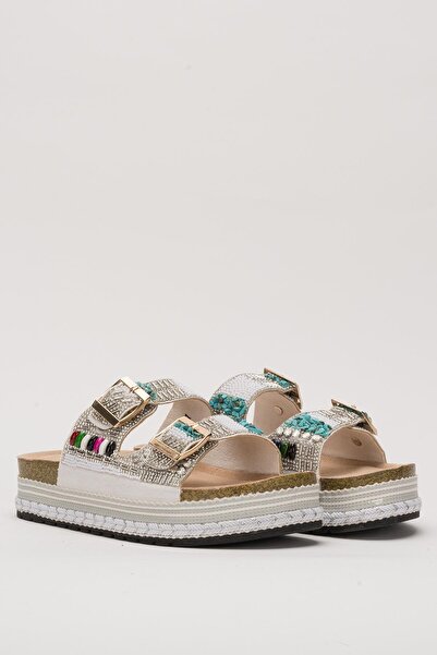 DİVA Λευκή Με χάντρες διπλή πόρπη με χοντρή σόλα Παντόφλες