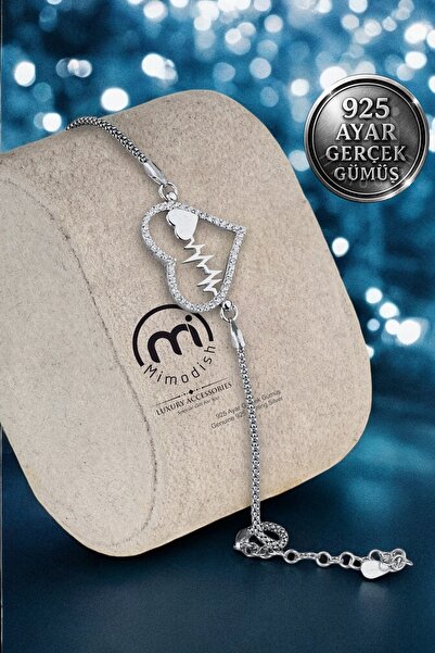 Mimodish 925 Ayar Gerçek Gümüş Eşe Sevgiliye Hediye Aşk Ritim Kalp Atışı Temalı Taşlı Kadın Gümüş Bileklik