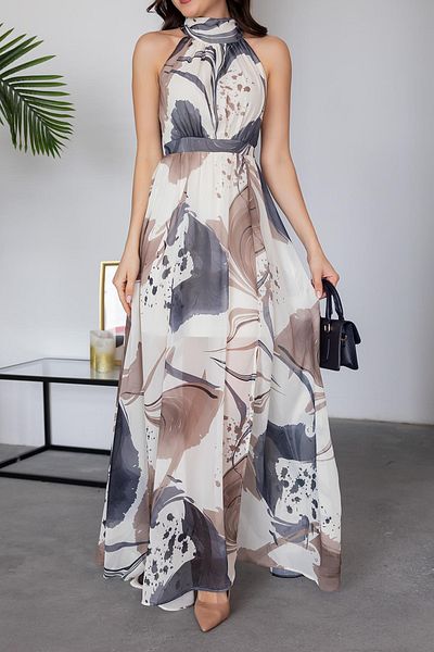Neşeli Butik γυναικείο φόρεμα μάξι σιφόν με γιακά halter NBMY3242