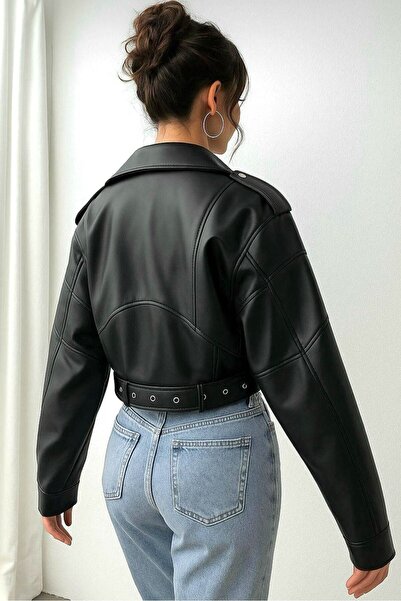 moda armanc Kemerli Siyah Crop Deri Ceket