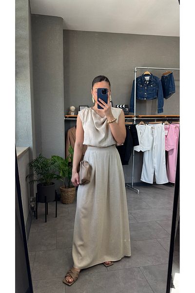 YOUR NAME Linen Zero Sleeve Blouse Skirt Set