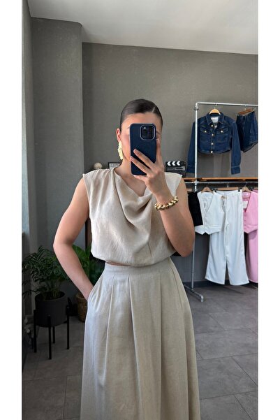 YOUR NAME Linen Zero Sleeve Blouse Skirt Set