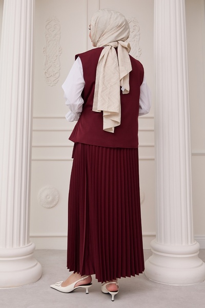 InStyle Burgundy Suit with Vest and Tie-Up Pleated Skirt