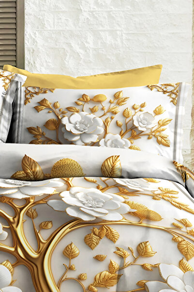 MonoHome %100 PAMUK Ranforce Çeyizlik Luxury 5D Dijital Çift Kişilik Nevresim Takımı Dore