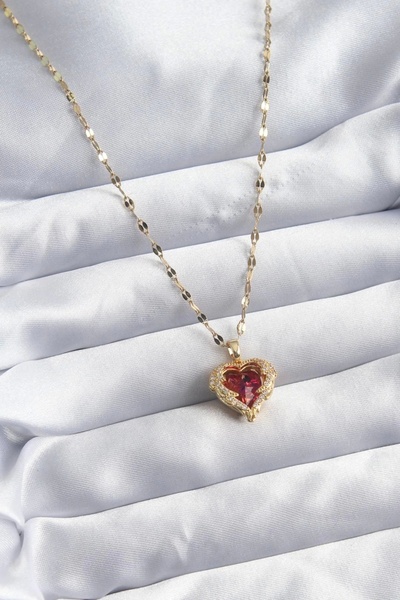 TakıDolabı الصلب سلسلة الذهب اللون كريستال القلب نموذج الزركون حجر التفاصيل ق...